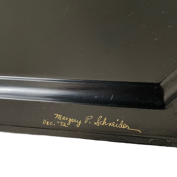 Handpainted Black, Gold, & Red Metal Toleware Floral Tray w/ Handles, ~21" x 12" - Picture 5 of 6